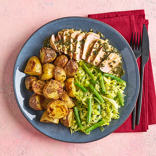 Slimming World Kitchen pan-fried pork with garlic and herb roasties