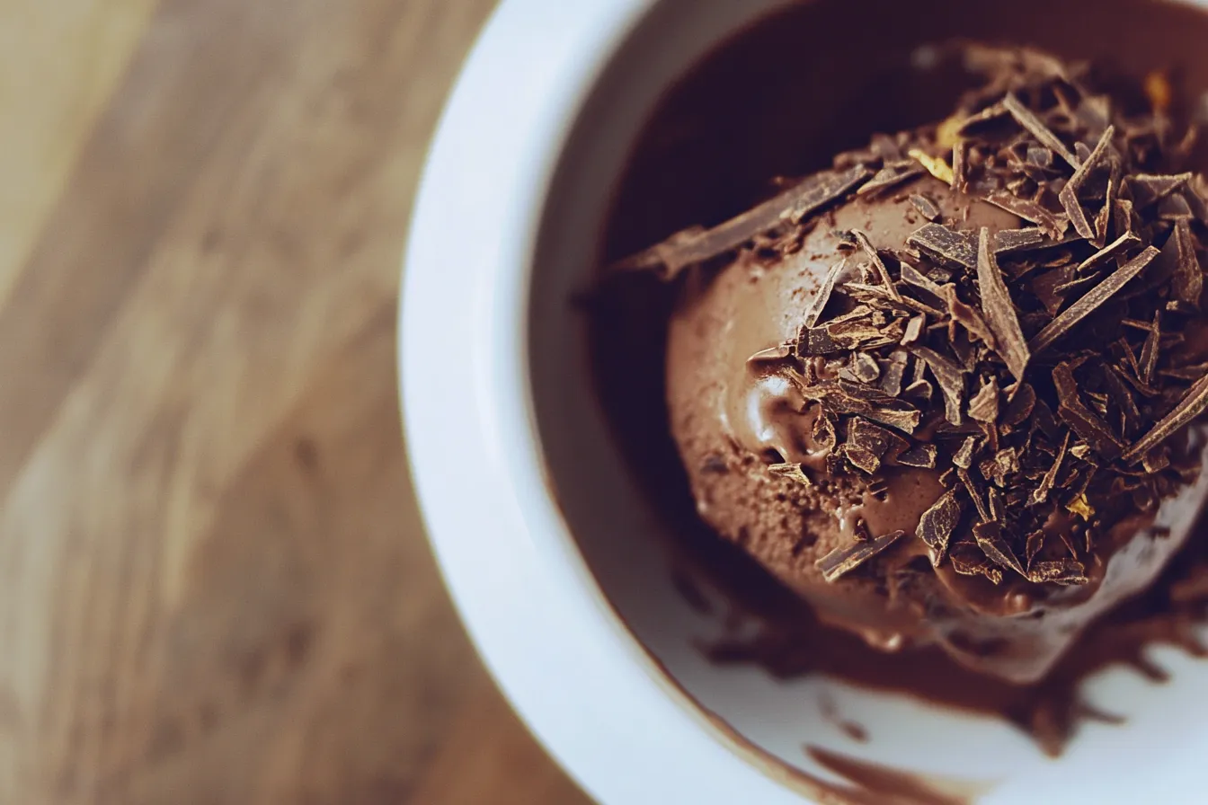 Chocolate Ninja Creami protein ice cream scoop topped with shavings.