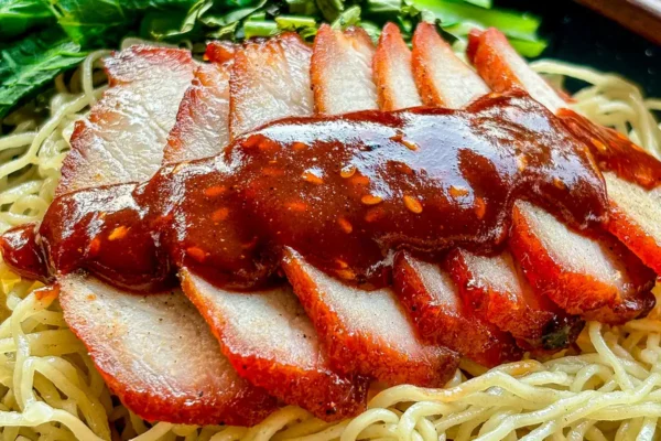 Best Ba Mee Moo Dang Recipe (BBQ Pork Noodle Soup) Ba mee moo dang with slices of red pork over egg noodles, topped with a rich, savory sauce and served with fresh greens.