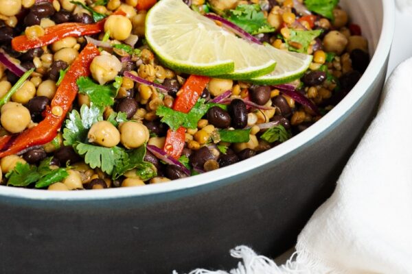 Best bean salad in under 10 minutes… for real! Bean salad in a large grey round deep dish