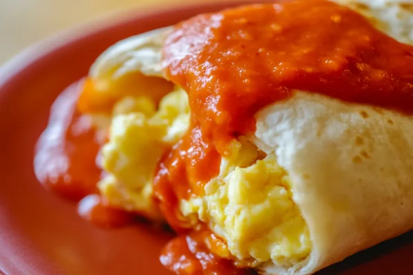 Breakfast Burrito Sauce: 15-Minute Delicious Recipe Close-up of a breakfast burrito drenched in delicious homemade breakfast burrito sauce.