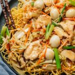 Chicken pan fried noodles close up