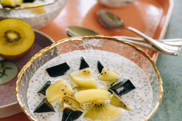 Coconut Chia Pudding with Grass Jelly and Fruit
