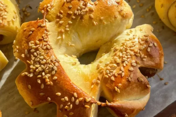Date stuffed bread closeup with sesame on top