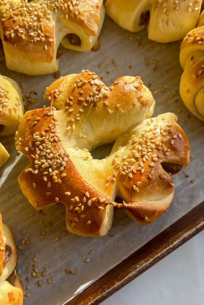 Date stuffed bread closeup with sesame on top