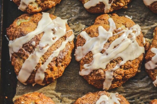 Easy Banana Scones with Maple Glaze overhead image of banana scones with maple espresso glaze.