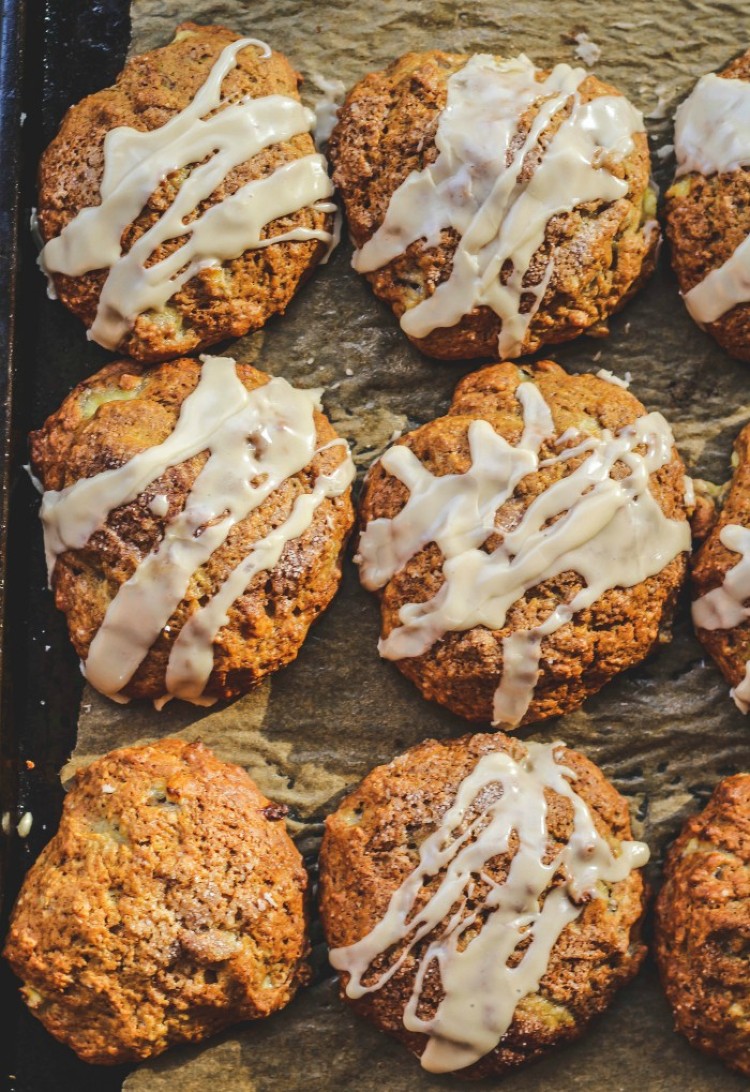 overhead image of banana scones with maple espresso glaze.