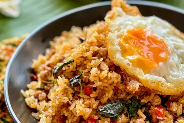 Easy Khao Pad Krapow Recipe (Thai Basil Fried Rice) Khao pad krapow with holy basil, topped with a fried egg.