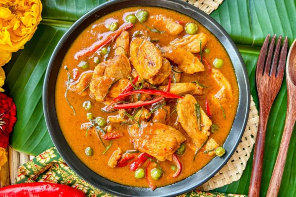 Gaeng panang gai served in a black bowl.