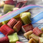 Diced rhubarb in a Ziploc freezer bag.