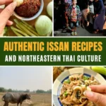 Collage of authentic Issan Thai food recipes and Northeastern Thai culture featuring spicy larb, a group of smiling locals, a water buffalo in a field, and a hand holding a spicy larb moo salad with sticky rice.