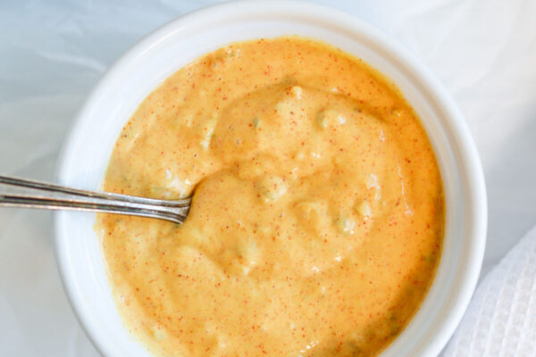 homemade big mac sauce in a white ramekin