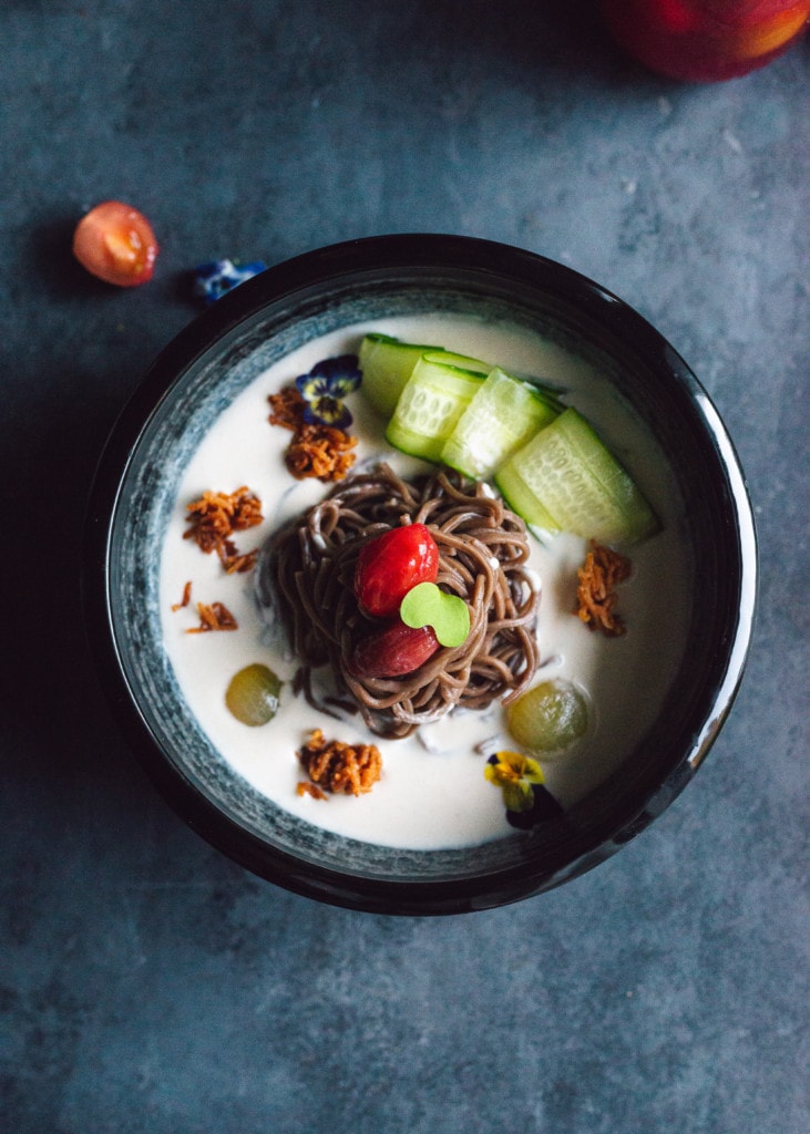 Kongguksu with soba noodles and ume plum pickled tomatoes
