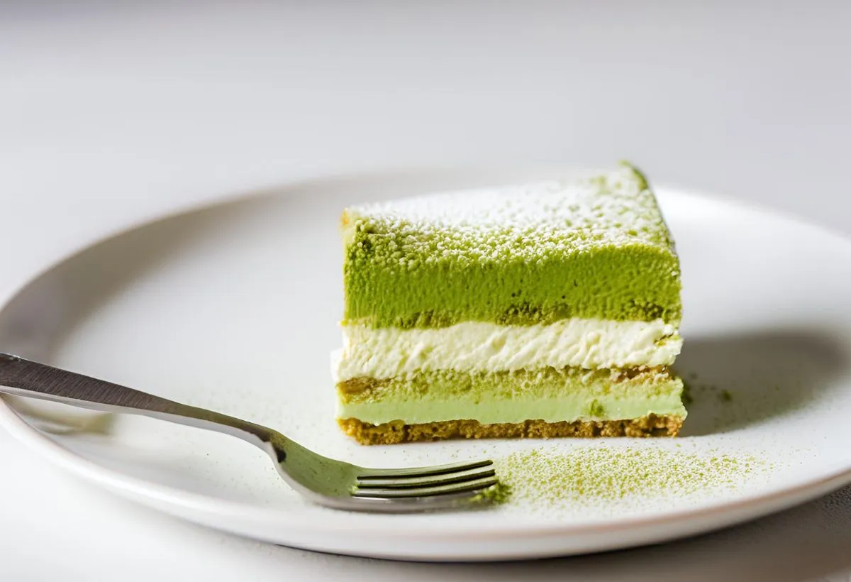 Slice of matcha tiramisu dusted with matcha powder on a white plate.