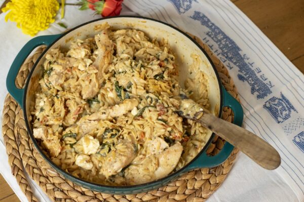 One-Skillet Mediterranean Chicken and Orzo with Feta and Spinach — Easy Greek-Inspired Dinner Recipe One-Skillet Mediterranean Chicken and Orzo with Feta and Spinach — Easy Greek-Inspired Dinner Recipe