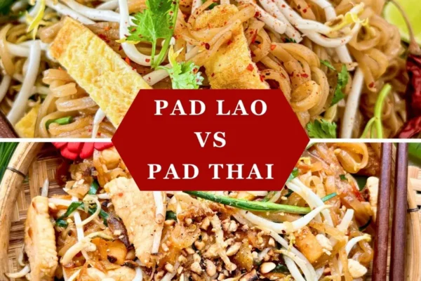 Pad thai vs pad lao (Kua mee) Side-by-side comparison of pad Thai vs pad lao noodle dishes.