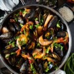 Paella with chicken, chorizo and seafood
