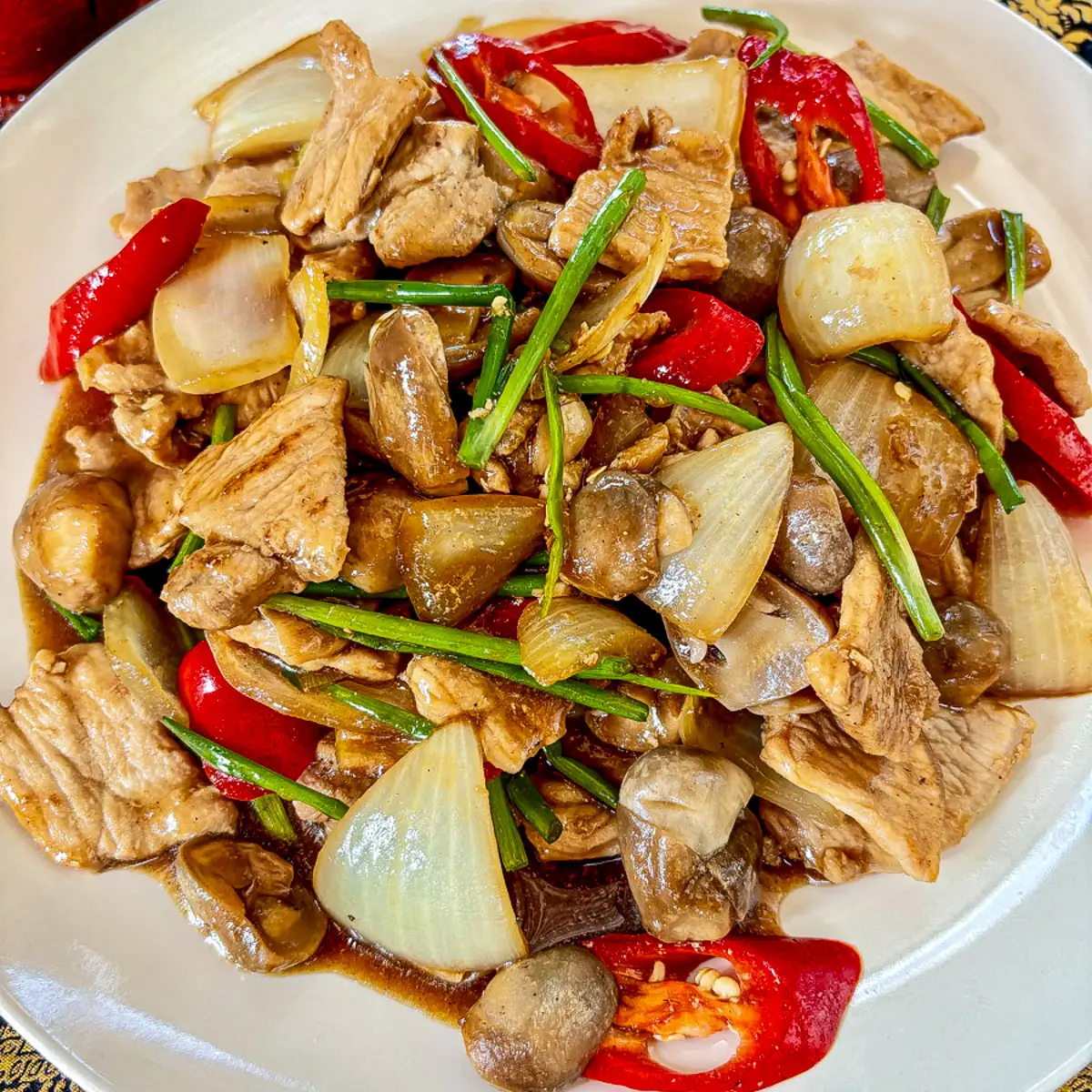 Pork with oyster sauce stir-fry with mushrooms, onion, red chilies, and green onion on a white plate.