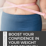 woman measuring her waist with a pink measuring tape.