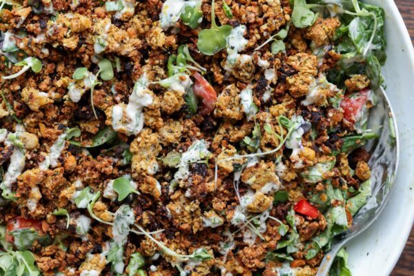 Summer Spinach Salad with Chickpea Olive Crumble (high protein)