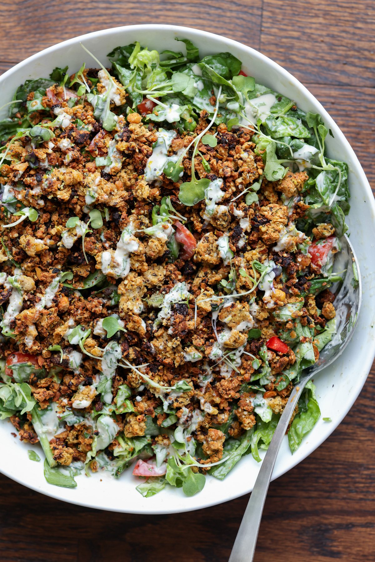 Summer Spinach Salad with Chickpea Olive Crumble (high protein)