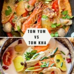 Side-by-side comparison of tom yum and tom kha soups—tom yum with a clear, reddish broth, shrimp, lime, and herbs; tom kha with a creamy white coconut broth, mushrooms, galangal, and vegetables.