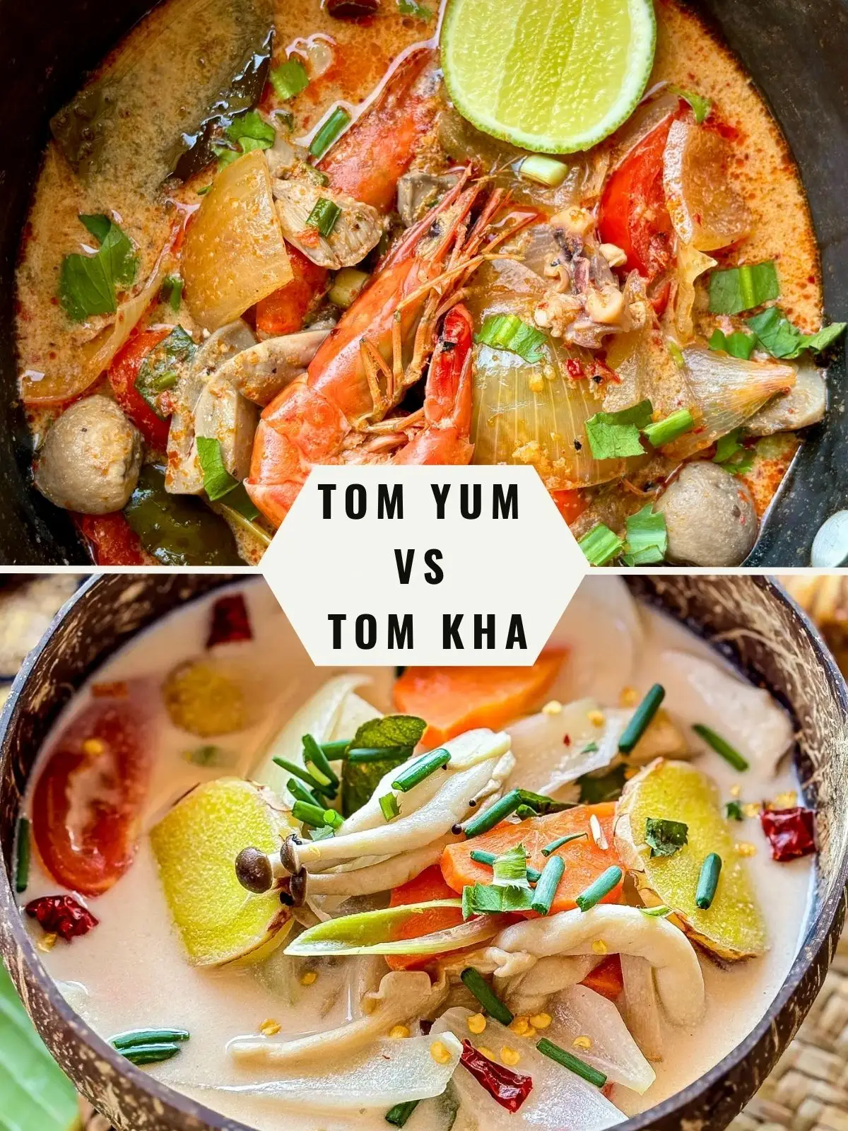 Tom Yum vs Tom Kha (Differences Explained) Side-by-side comparison of tom yum and tom kha soups—tom yum with a clear, reddish broth, shrimp, lime, and herbs; tom kha with a creamy white coconut broth, mushrooms, galangal, and vegetables.