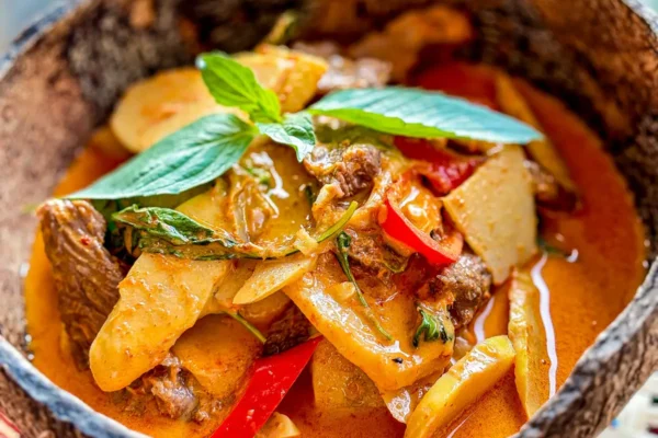 Thai Bamboo Shoot Curry Recipe (Gaeng Phed Nor Mai) Thai bamboo shoot curry in a coconut bowl, featuring tender bamboo shoots, beef, red curry sauce, and fresh basil garnish.
