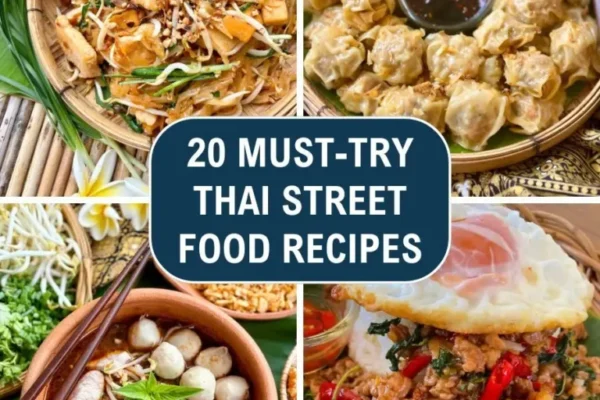 A collage of popular Thai street food dishes including pad Thai, kanom jeeb (dumplings), boat noodles, and pad kra pao.