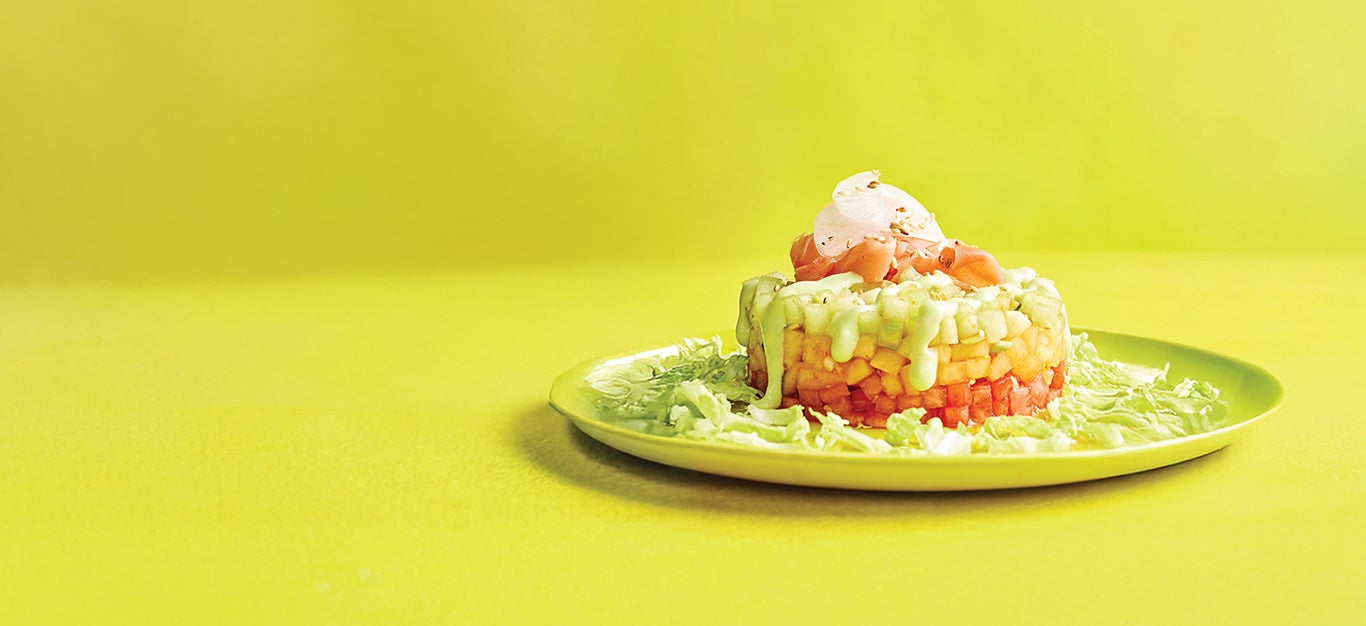 Melon Poke Stack with Avocado-Wasabi Drizzle Recipe