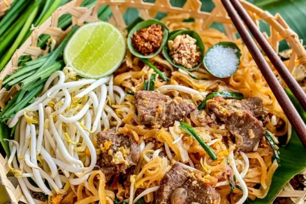 Authentic beef pad Thai in a bamboo basket with lime, chili flakes, peanuts, sugar, and fresh vegetables.