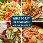 A collage of popular Thai dishes, including papaya salad, pad Thai, and tom yum soup.