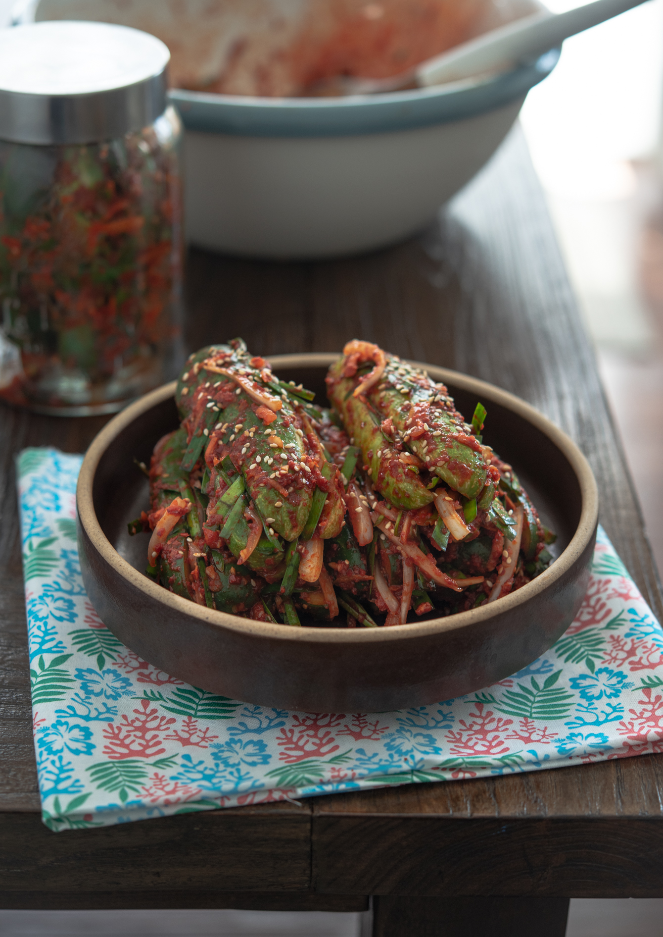 Korean stuffed cucumber kimchi served in a shallow dish