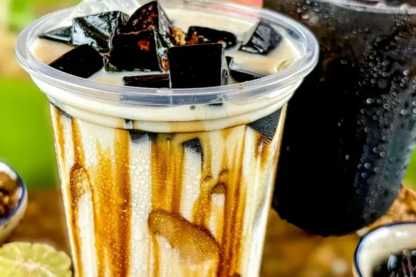 Easy Grass Jelly Boba Recipe (2-Ways!) Close-up of two drinks; a black grass jelly milk drink with jelly cubes, and a dark black grass jelly drink with ice. Ingredients like brown sugar, lime, and jelly cubes are arranged around.