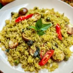 Thai green curry fried rice with eggplant, pea eggplants, basil, and red chili served on a white plate.