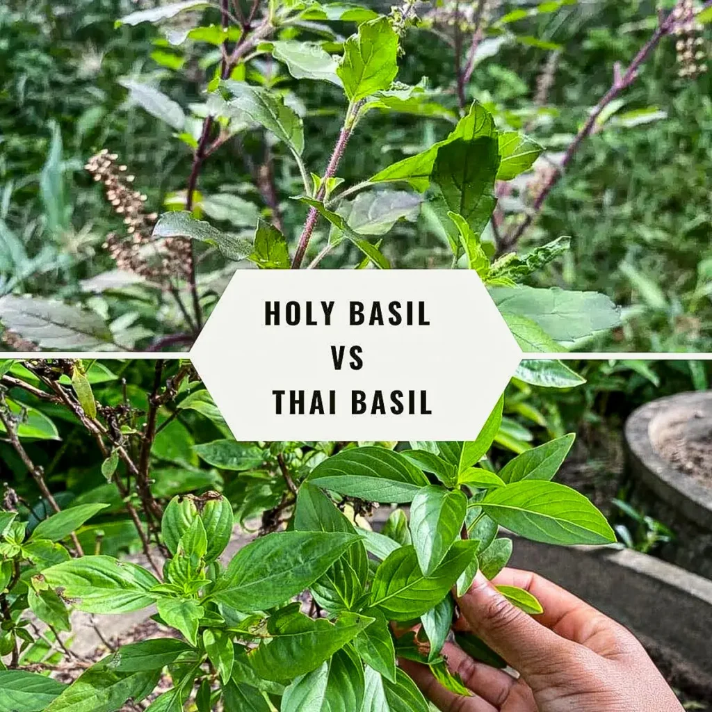 Side-by-side comparison of holy basil and Thai basil plants, showing differences in leaf shape, stem color, and texture.