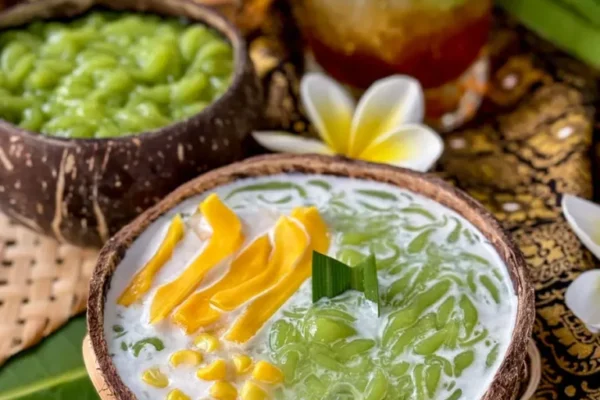 Thai Lod Chong served in a coconut shell bowl with cendol drink in tall glass.