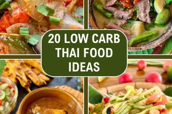 Collage of 20 Low Carb Thai Food Ideas featuring dishes like tom yum soup, green curry pork, grilled chicken satay, and green papaya salad.