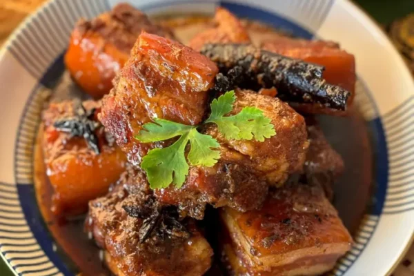 Overhead shot of Thai pork belly stew, moo hong, with dark soy sauce, cinnamon, and coriander in a patterned bowl.