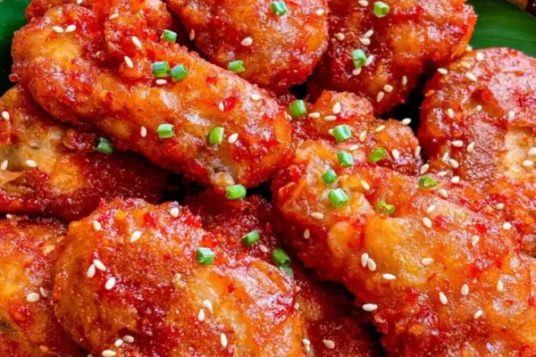 Sweet Thai chili wings garnished with sesame seeds and green onions.