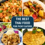 Collage of Thai food for picky eaters including fried rice, garlic chicken, and Thai omelet.
