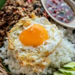 Thai fried egg with bubbly edges and soft yolk, plated with rice, stir-fried basil, and chili fish sauce.