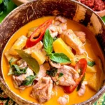 Close-up of Thai pineapple curry chicken, served in a coconut shell.