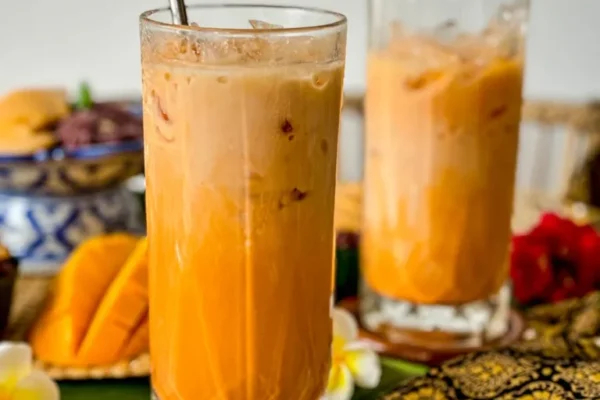 Two tall glasses of Thai tea, cha yen, with milk on wooden coasters, surrounded by tropical fruit and flowers.