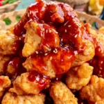 Crispy Thai volcano chicken pieces coated in spicy lava sauce, topped with sesame seeds.