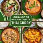 A collection of different types of Thai curries, with red curry, green curry, panang curry, and yellow curry displayed.
