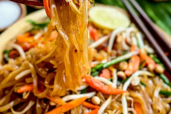 Wooden fork lifting noodles from vegetarian pad Thai with carrots, peanuts, and bean sprouts.