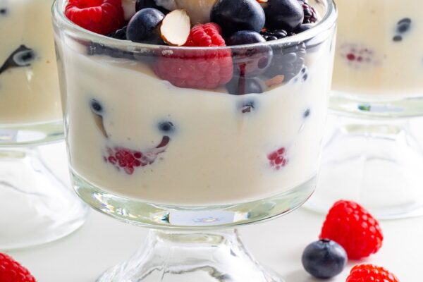 Ricotta dessert in a glass dish.