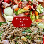Close-up of yum nua Thai beef salad with fresh vegetables and larb made with minced beef, shallots, and herbs, side-by-side comparison.