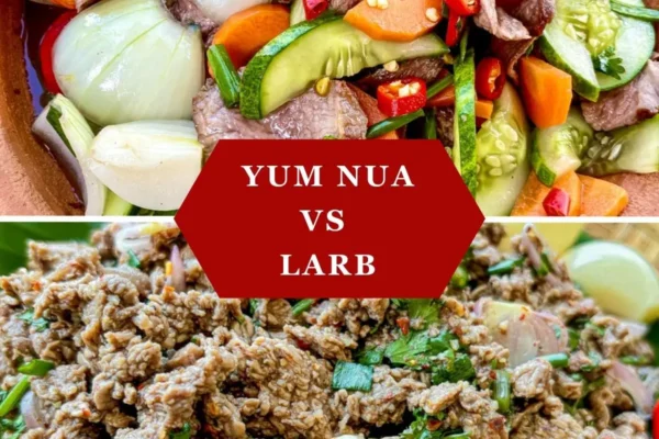 Yum Nua VS Larb Close-up of yum nua Thai beef salad with fresh vegetables and larb made with minced beef, shallots, and herbs, side-by-side comparison.
